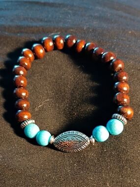Handcrafted Brown Wood and Turquoise Bead Stretch Bracelet